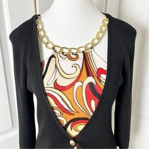 August Silk Faux Layering Silk Blend Knit Cardigan w/Gold Chain Detail - Large